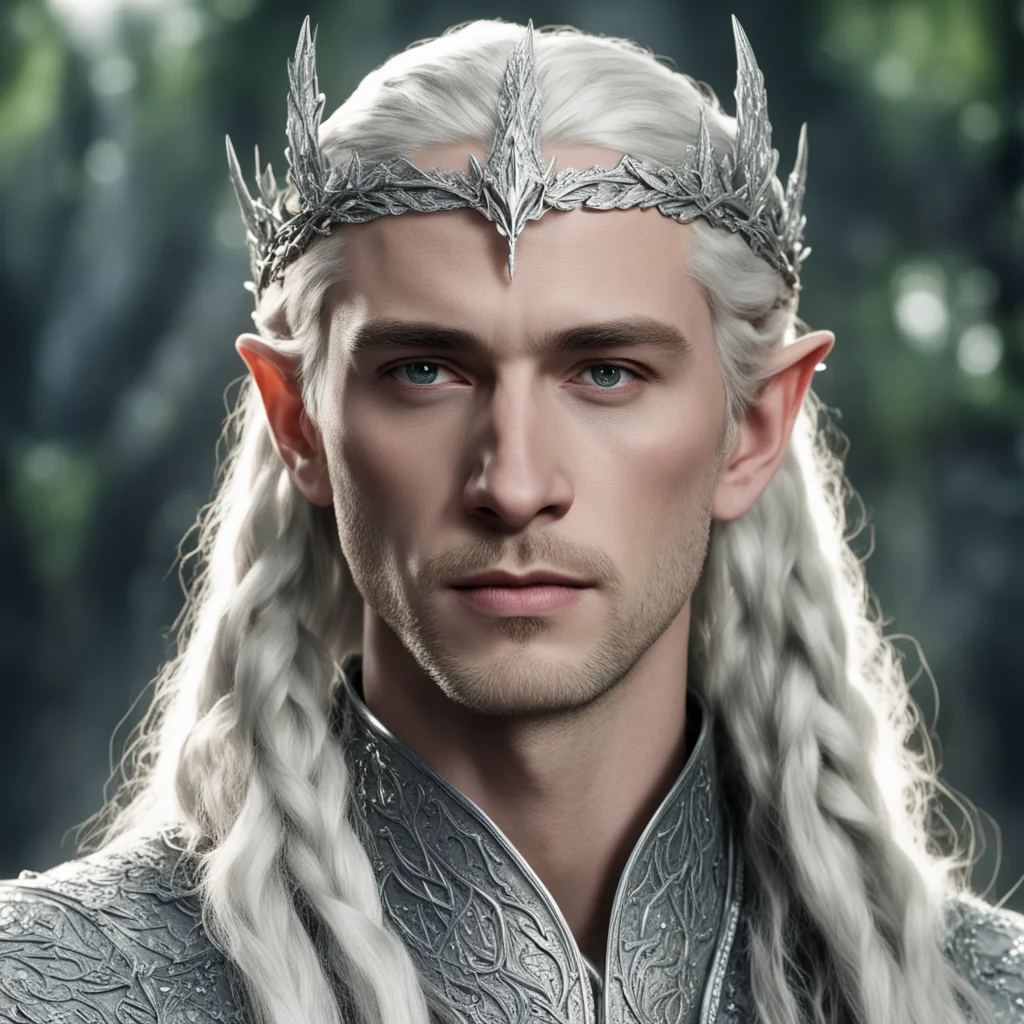 aiking thranduil with blond hair and braids wearing silver serpentine elvish circlet comprised of small silver leaves encrusted with diamonds with large center diamond  amazing awesome portrait 2