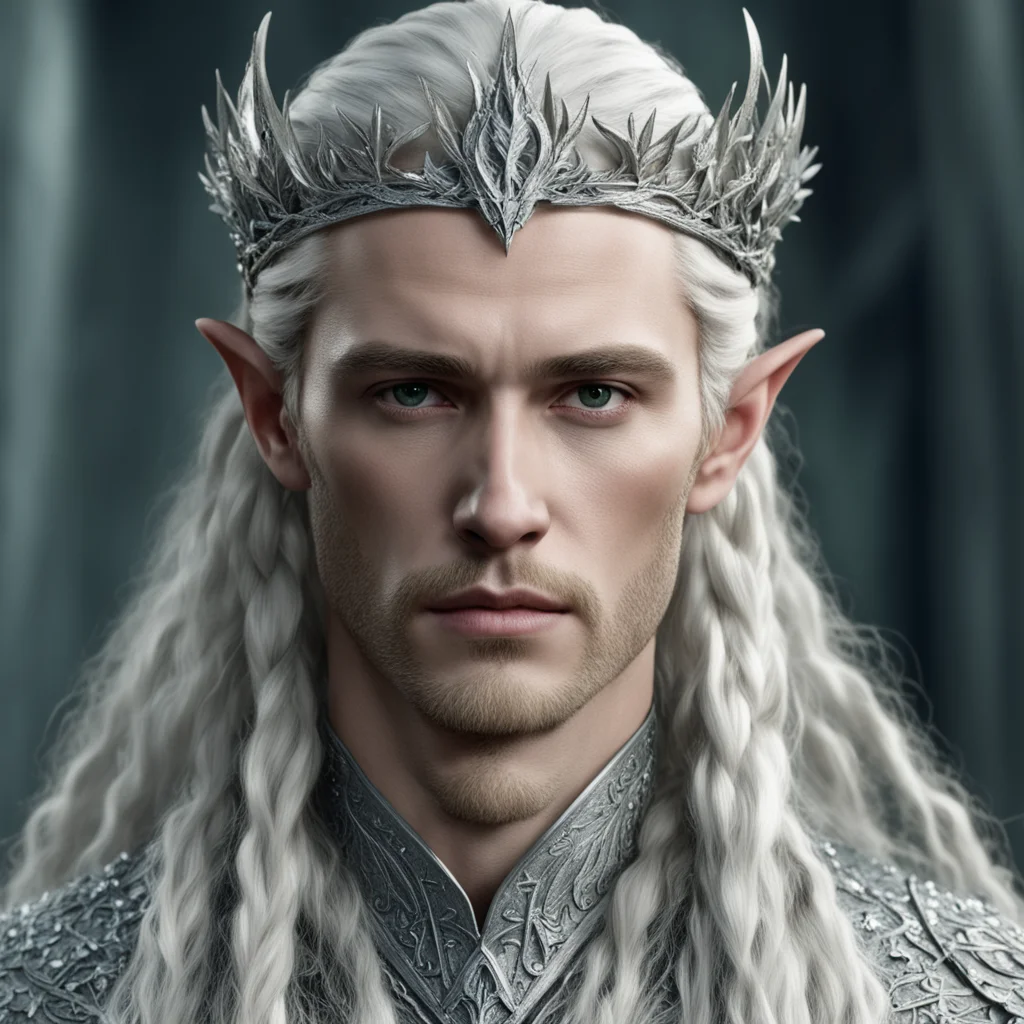 king thranduil with blond hair and braids wearing silver serpentine elvish circlet comprised of small silver leaves encrusted with diamonds with large center diamond  confident engaging wow artstati