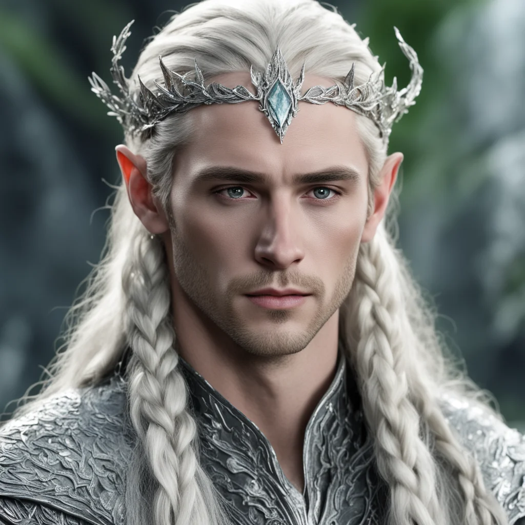 king thranduil with blond hair and braids wearing silver serpentine elvish circlet comprised of small silver leaves encrusted with diamonds with large center diamond  good looking trending fantastic