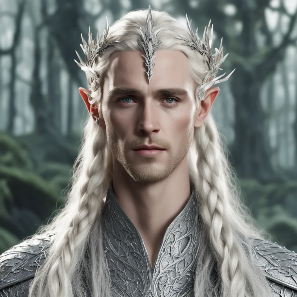 aiking thranduil with blond hair and braids wearing silver serpentine elvish circlet comprised of small silver leaves encrusted with diamonds with large center diamond 