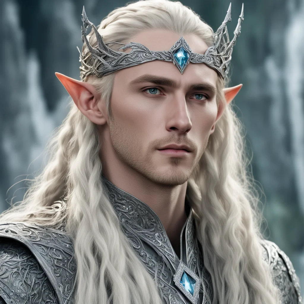 king thranduil with blond hair and braids wearing silver serpentine elvish circlet encrusted with diamonds with large center diamond  good looking trending fantastic 1