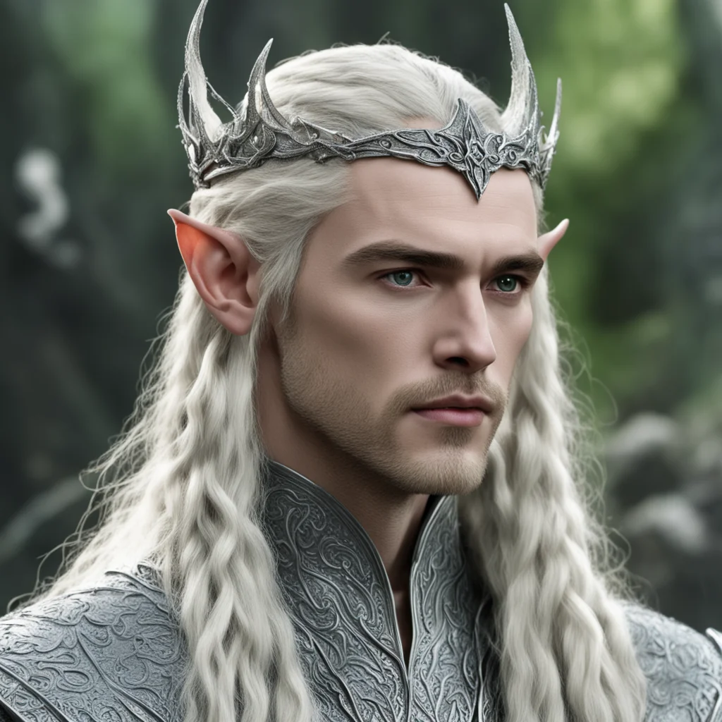 king thranduil with blond hair and braids wearing silver serpentine elvish circlet encrusted with diamonds