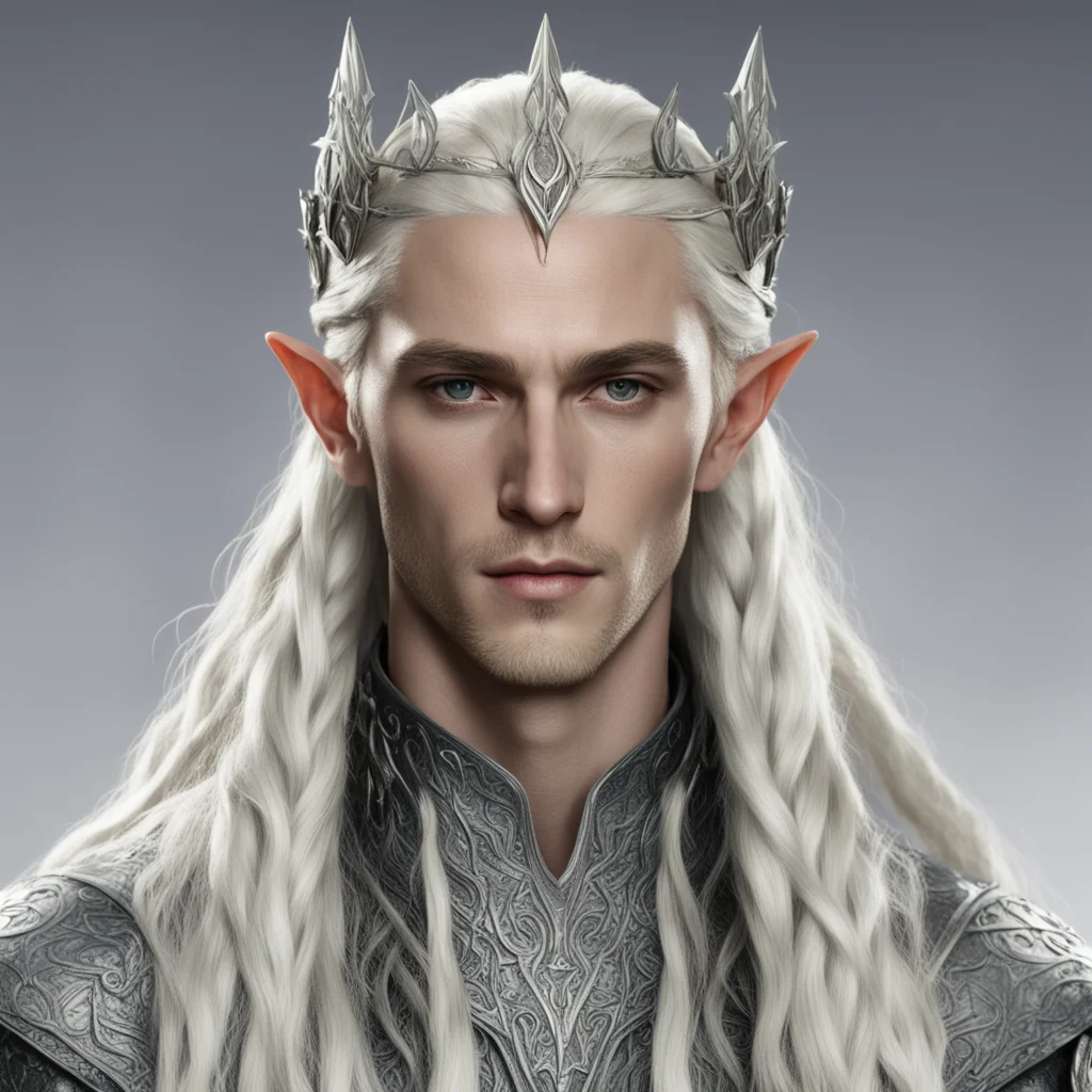 king thranduil with blond hair and braids wearing silver serpentine elvish circlet with diamond rosettes 