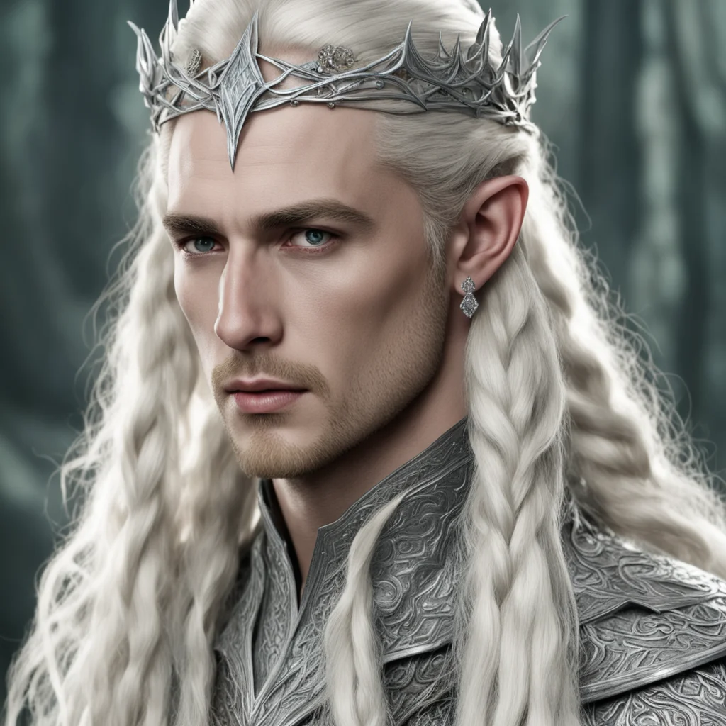 aiking thranduil with blond hair and braids wearing silver serpentine elvish circlet with diamonds with large center diamond amazing awesome portrait 2