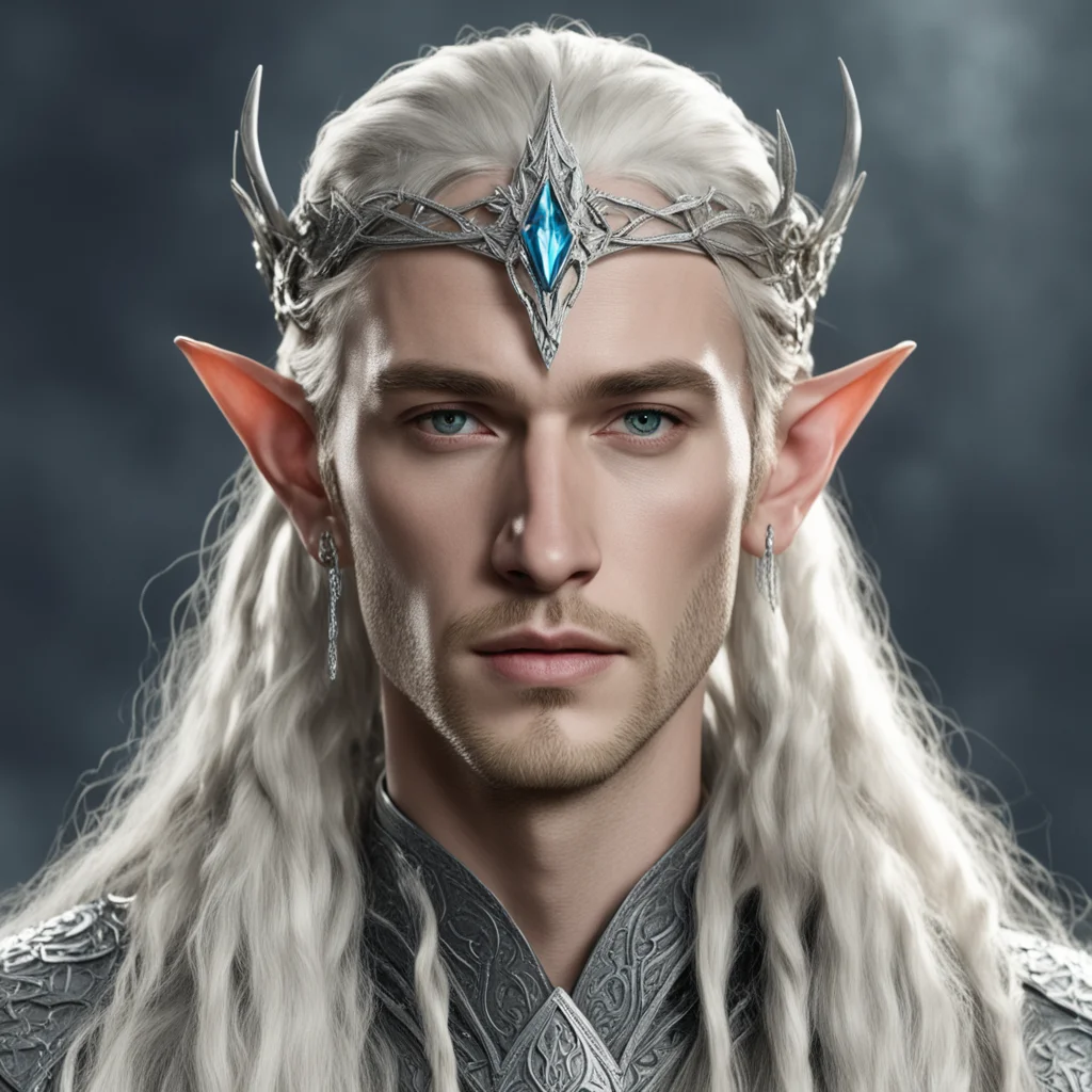 king thranduil with blond hair and braids wearing silver serpentine nandorin elvish circlet encrusted with diamonds with large center diamond  amazing awesome portrait 2