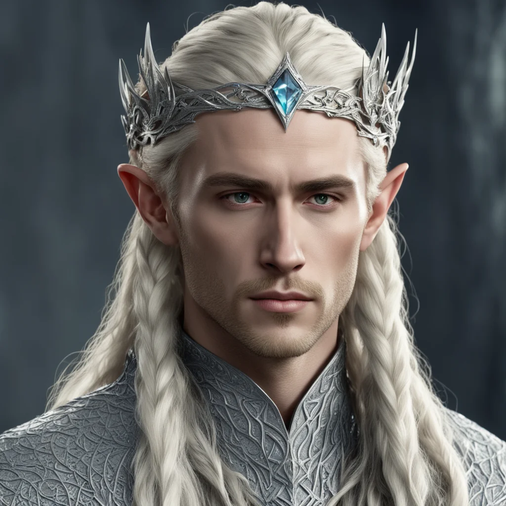 aiking thranduil with blond hair and braids wearing silver serpentine nandorin elvish circlet encrusted with diamonds with large center diamond  confident engaging wow artstation art 3