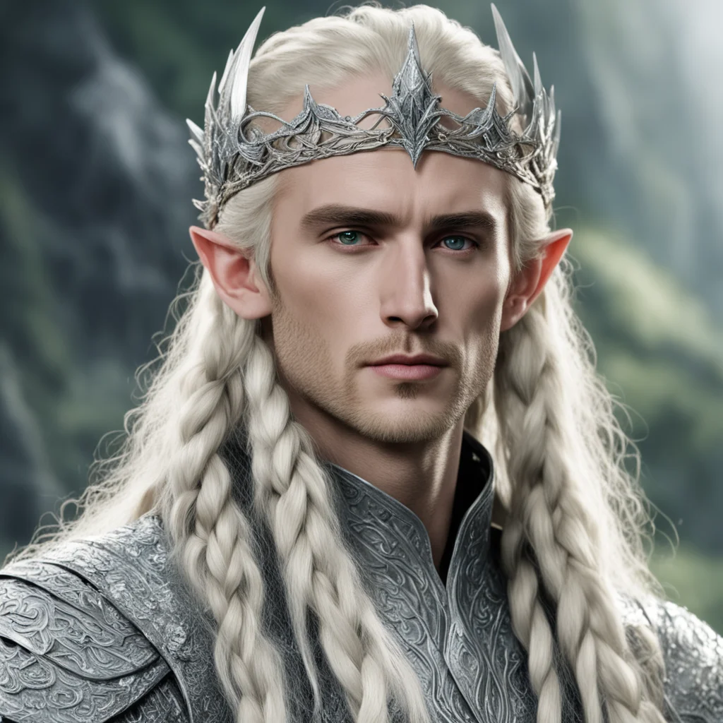 aiking thranduil with blond hair and braids wearing silver serpentine nandorin elvish circlet encrusted with diamonds with large center diamond  good looking trending fantastic 1