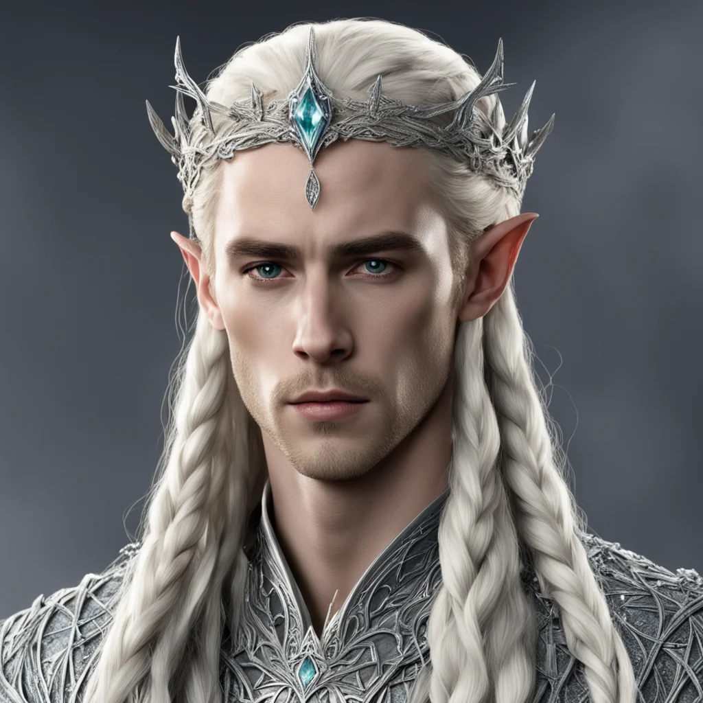 king thranduil with blond hair and braids wearing silver serpentine nandorin elvish circlet encrusted with diamonds with large center diamond 