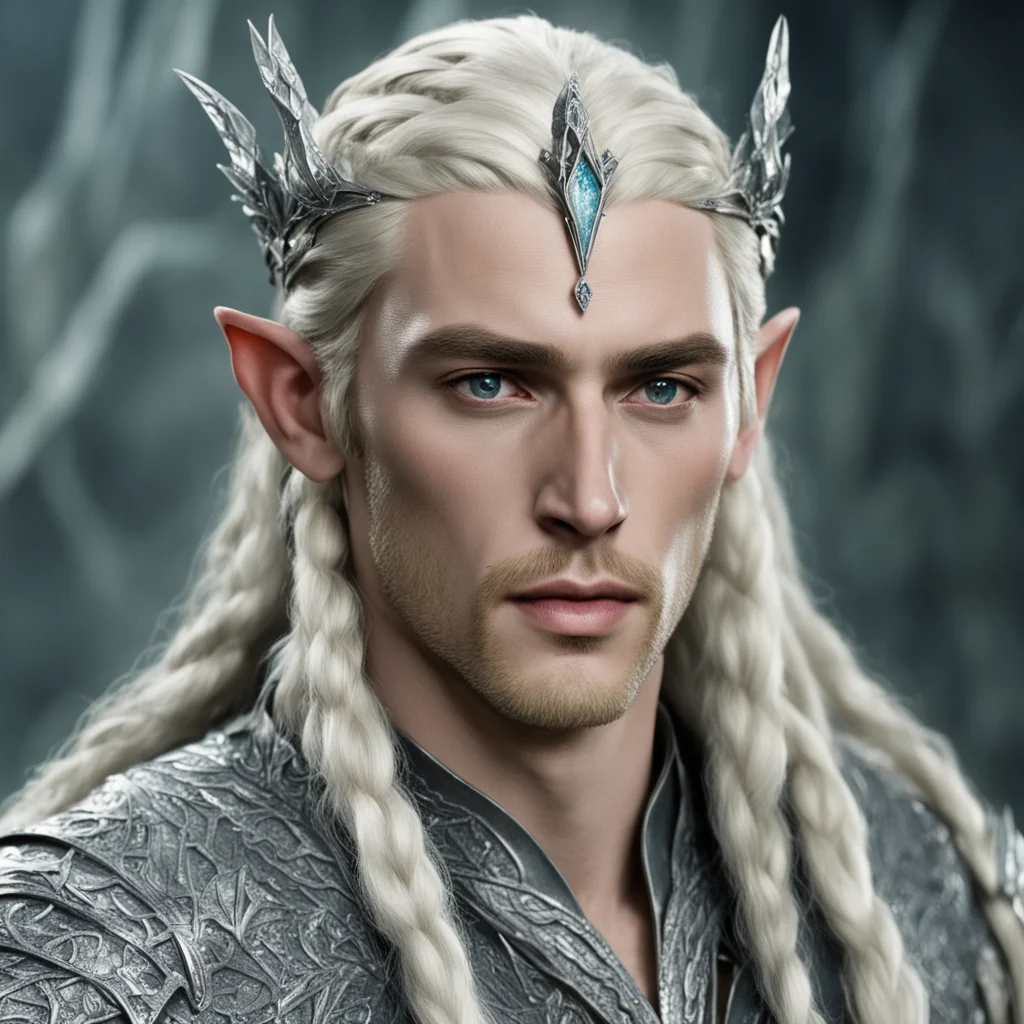 king thranduil with blond hair and braids wearing silver serpentine sindarin elvish circlet encrusted with diamonds with large center diamond amazing awesome portrait 2