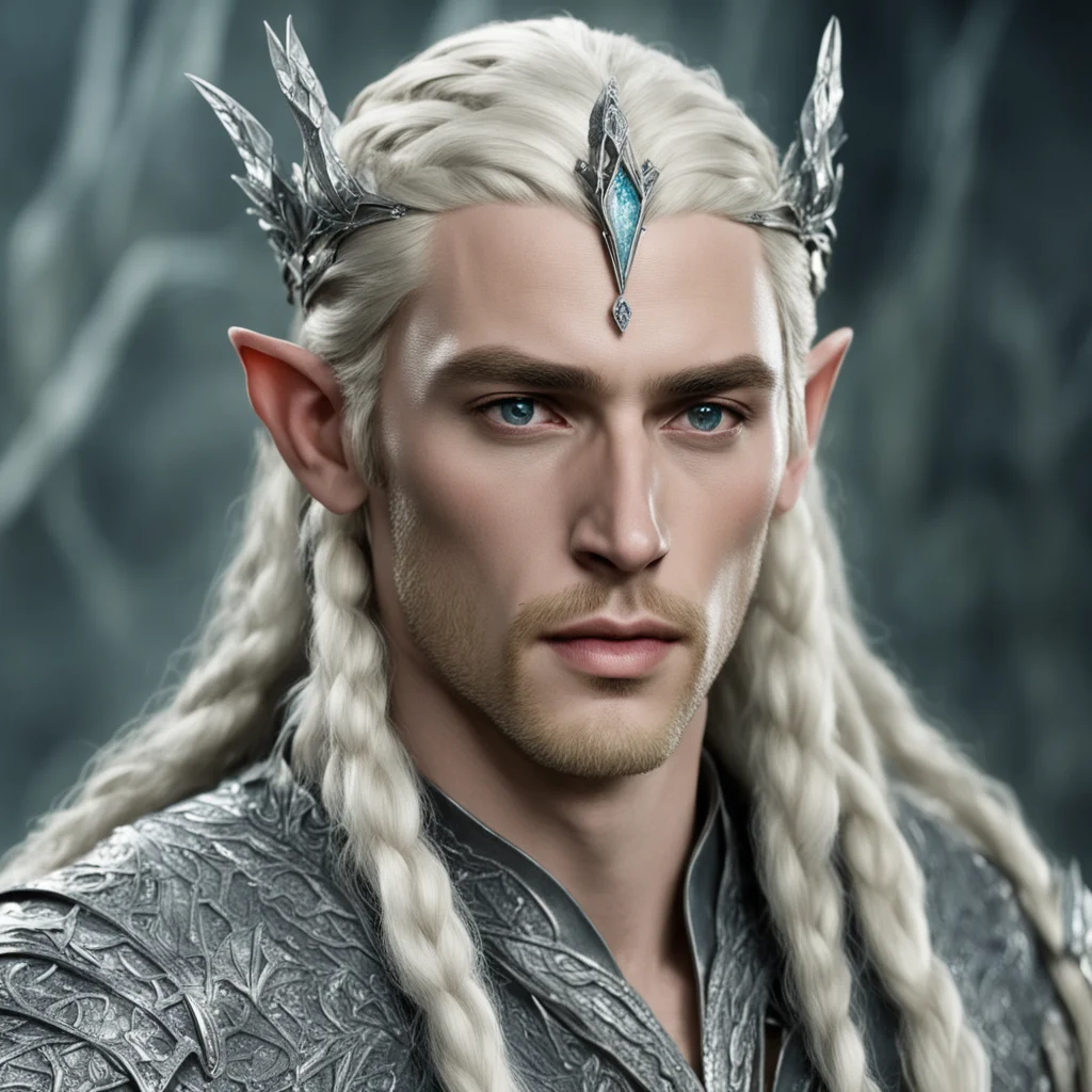 aiking thranduil with blond hair and braids wearing silver serpentine sindarin elvish circlet encrusted with diamonds with large center diamond amazing awesome portrait 2