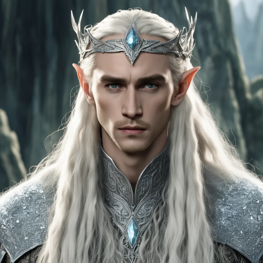 aiking thranduil with blond hair and braids wearing silver serpentine sindarin elvish circlet encrusted with diamonds with large center diamond confident engaging wow artstation art 3