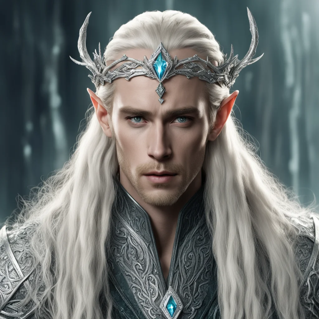 aiking thranduil with blond hair and braids wearing silver serpentine sindarin elvish circlet encrusted with diamonds with large center diamond good looking trending fantastic 1