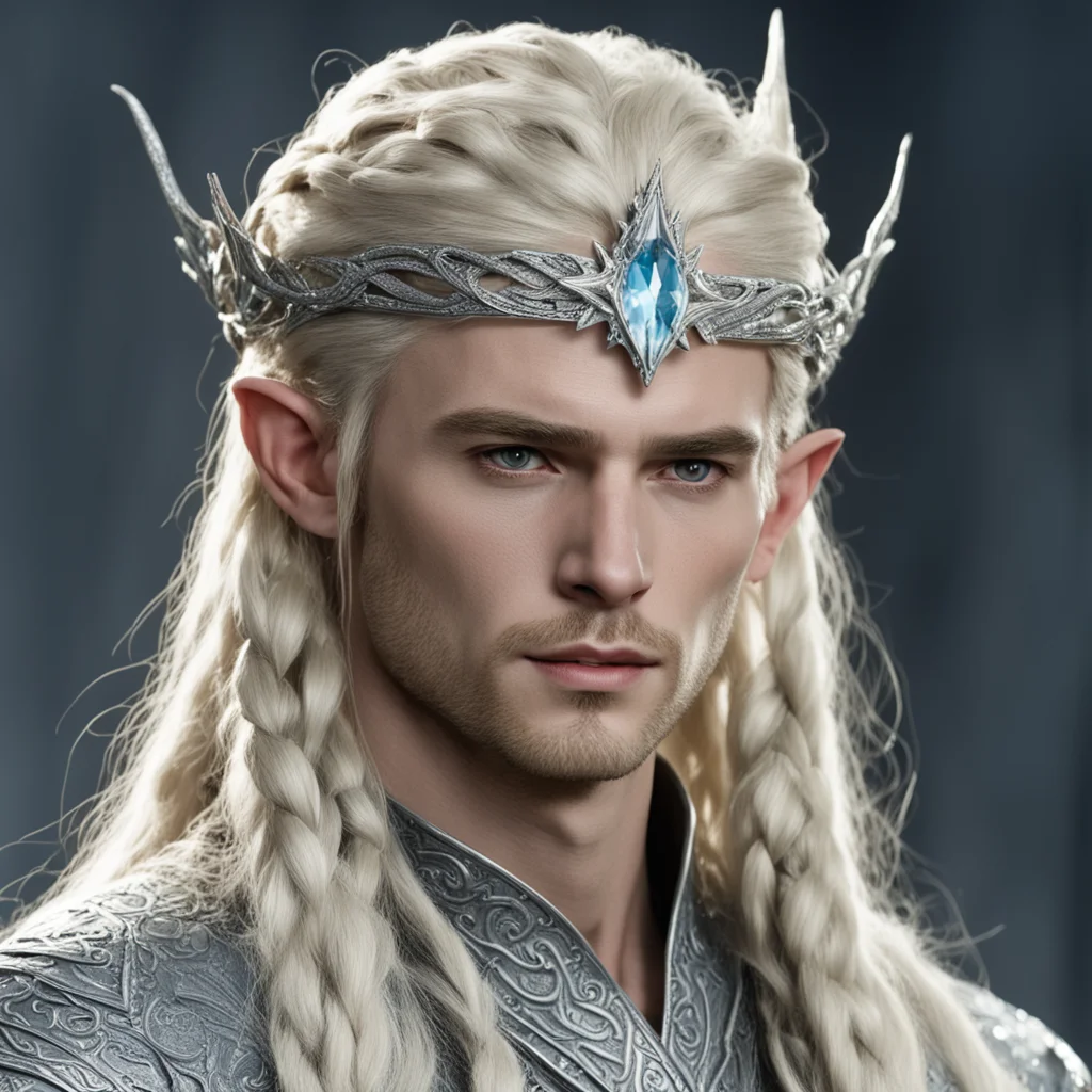 aiking thranduil with blond hair and braids wearing silver serpentine sindarin elvish circlet encrusted with diamonds with large center diamond