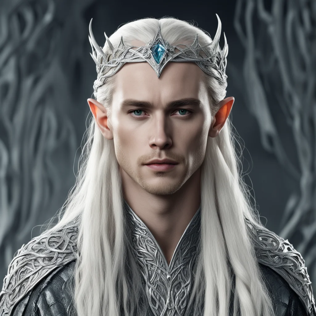 king thranduil with blond hair and braids wearing silver serpentine vines encrusted with diamonds intertwined to form a silver elvish circlet with large center diamond  amazing awesome portrait 2.we