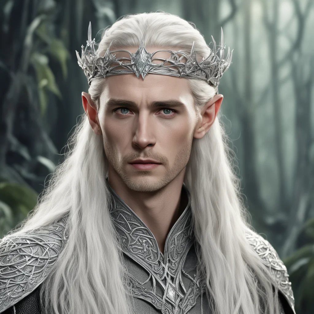 king thranduil with blond hair and braids wearing silver serpentine vines encrusted with diamonds intertwined to form a silver elvish circlet with large center diamond  confident engaging wow artsta