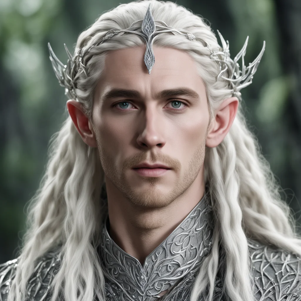 aiking thranduil with blond hair and braids wearing silver serpentine vines encrusted with diamonds intertwined to form a silver elvish circlet with large center diamond 
