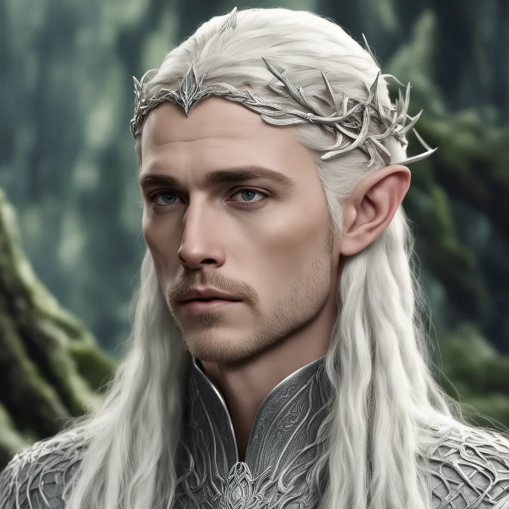 aiking thranduil with blond hair and braids wearing silver serpentine vines intertwined to make a small silver elvish circlet with center diamond good looking trending fantastic 1