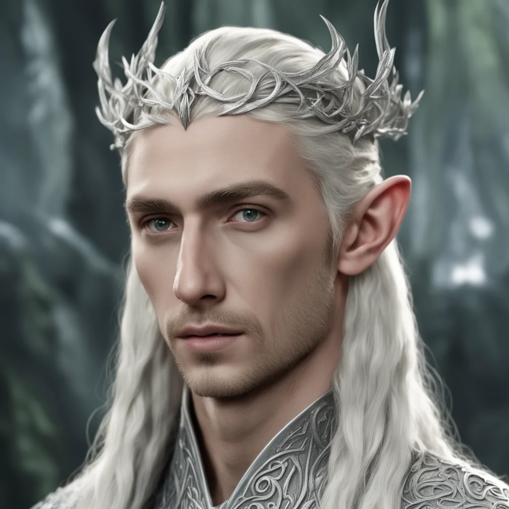 aiking thranduil with blond hair and braids wearing silver serpentine vines intertwined to make a small silver elvish circlet with center diamond