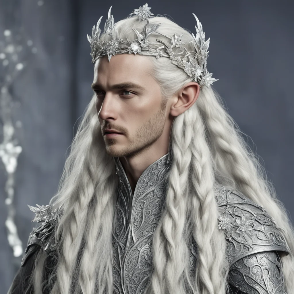 king thranduil with blond hair and braids wearing silver serpentine vines with large silver flowers encrusted with diamonds to form a silver elvish circlet with large center diamond confident engagi