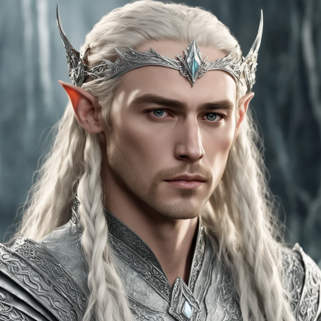 aiking thranduil with blond hair and braids wearing silver silvan elvish circlet encrusted with diamonds with larger center diamond good looking trending fantastic 1