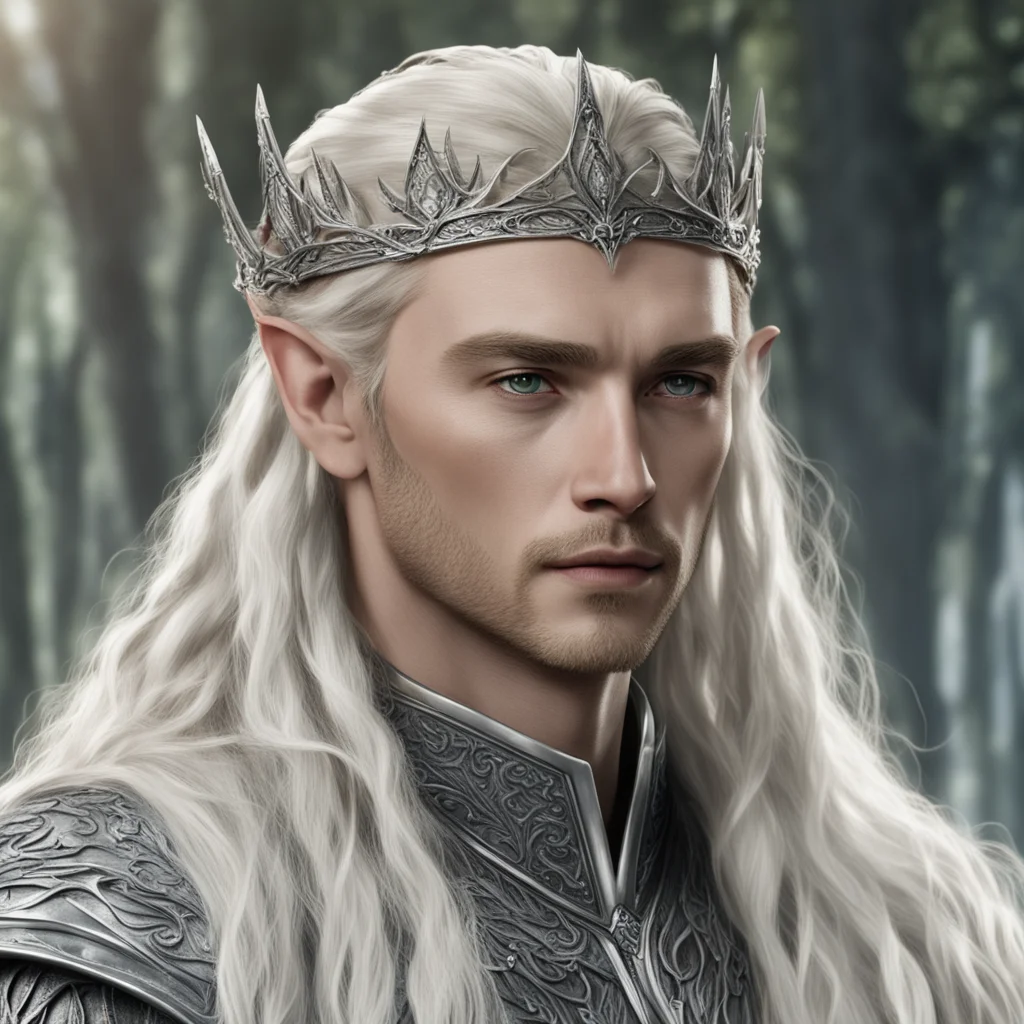 aiking thranduil with blond hair and braids wearing silver sindaran elvish crown embellished with diamonds amazing awesome portrait 2