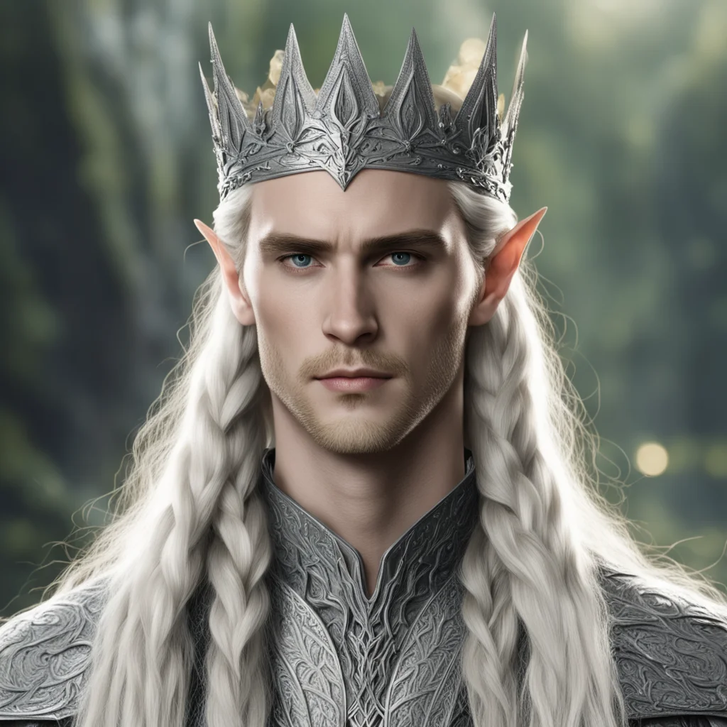 aiking thranduil with blond hair and braids wearing silver sindaran elvish crown embellished with diamonds confident engaging wow artstation art 3
