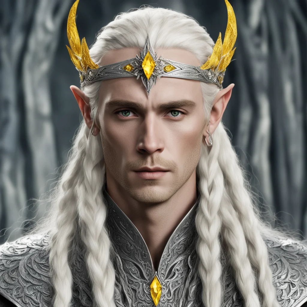 aiking thranduil with blond hair and braids wearing silver sindarian elvish circlet encrusted with diamond with large center yellow diamond  amazing awesome portrait 2