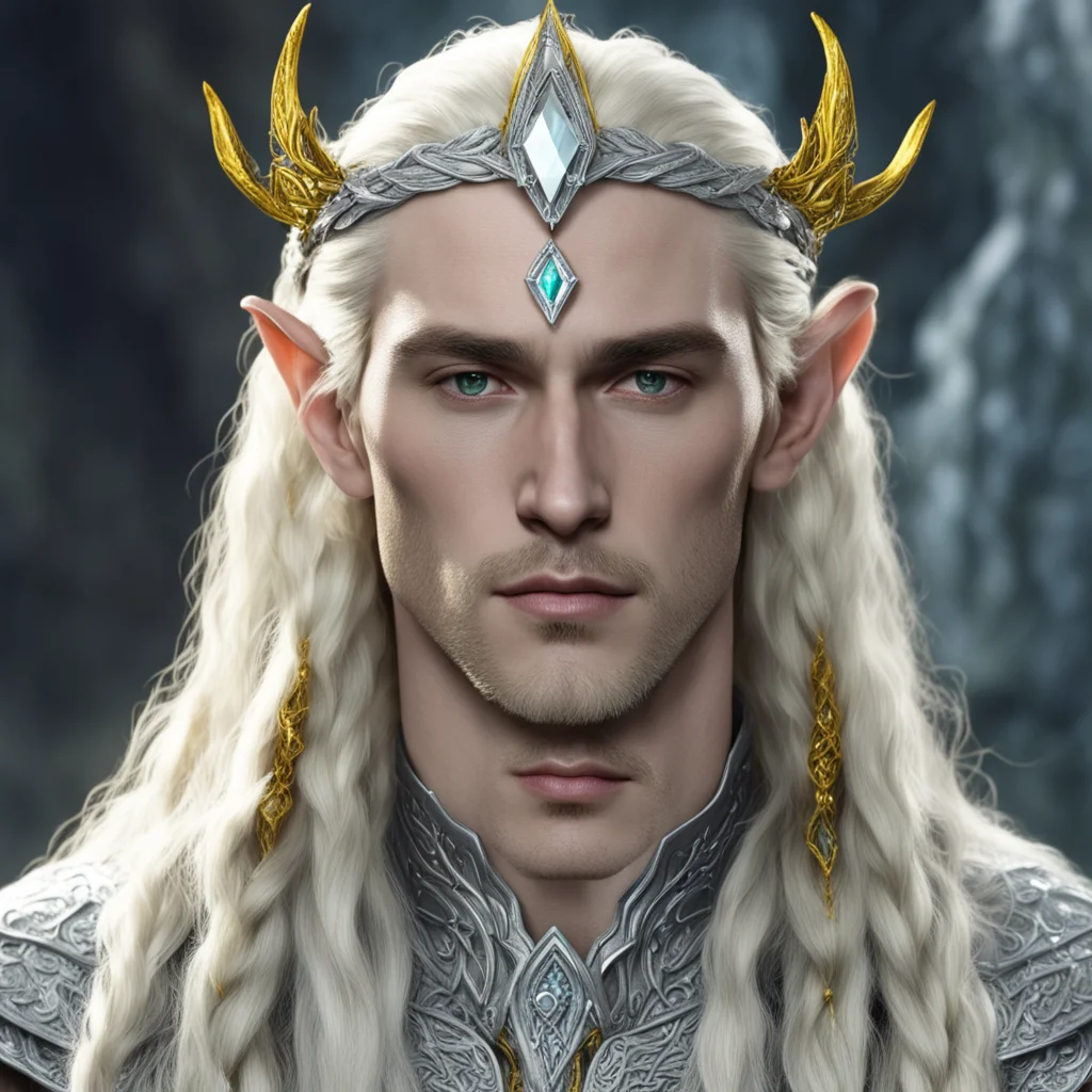 aiking thranduil with blond hair and braids wearing silver sindarian elvish circlet encrusted with diamond with large center yellow diamond  confident engaging wow artstation art 3