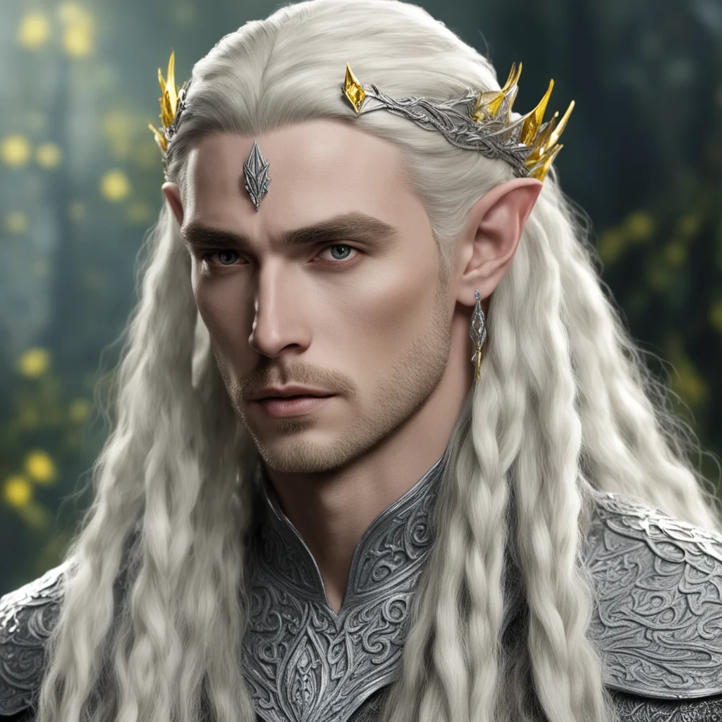 aiking thranduil with blond hair and braids wearing silver sindarian elvish circlet encrusted with diamond with large center yellow diamond  good looking trending fantastic 1