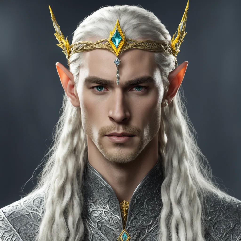 aiking thranduil with blond hair and braids wearing silver sindarian elvish circlet encrusted with diamond with large center yellow diamond 