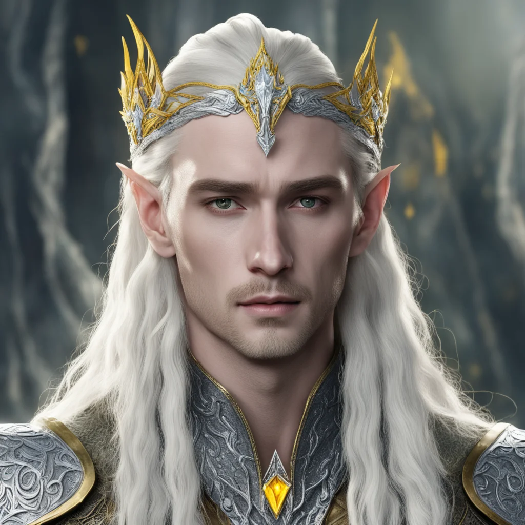 aiking thranduil with blond hair and braids wearing silver sindarian elvish circlet encrusted with diamond with large center yellow diamond amazing awesome portrait 2