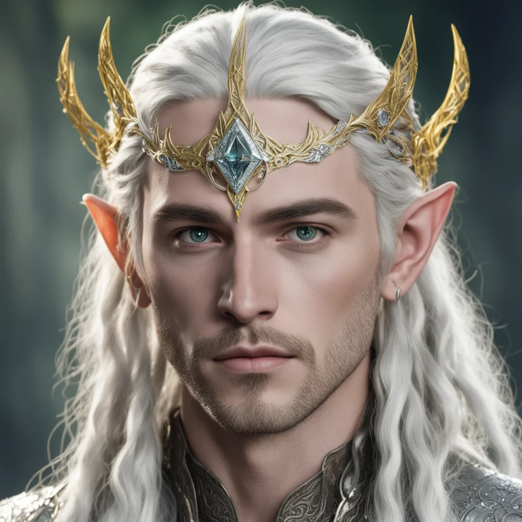 aiking thranduil with blond hair and braids wearing silver sindarian elvish circlet encrusted with diamond with large center yellow diamond confident engaging wow artstation art 3