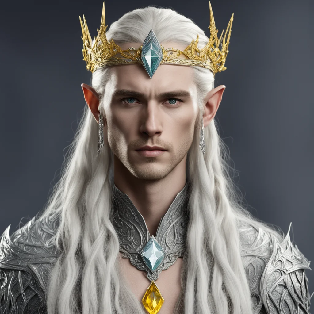 aiking thranduil with blond hair and braids wearing silver sindarian elvish circlet encrusted with diamond with large center yellow diamond good looking trending fantastic 1