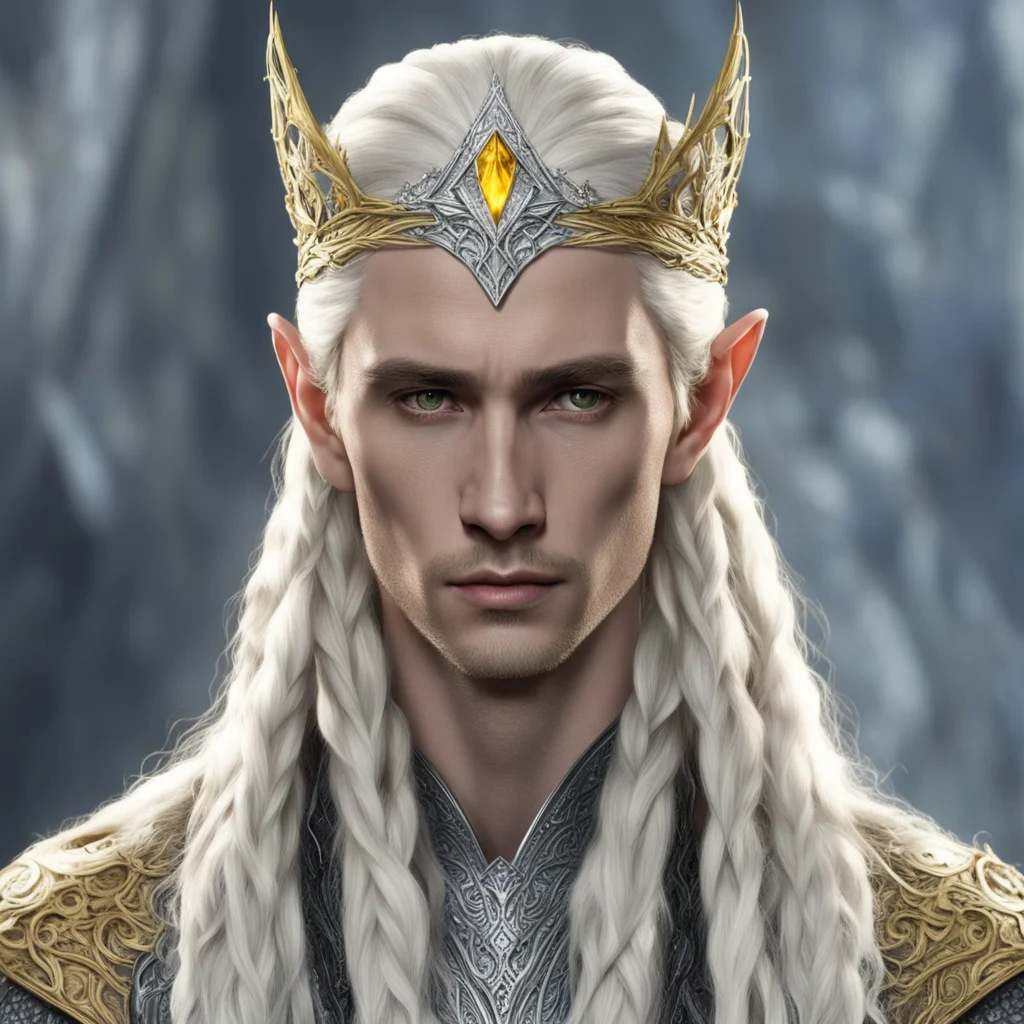 aiking thranduil with blond hair and braids wearing silver sindarian elvish circlet encrusted with diamond with large center yellow diamond