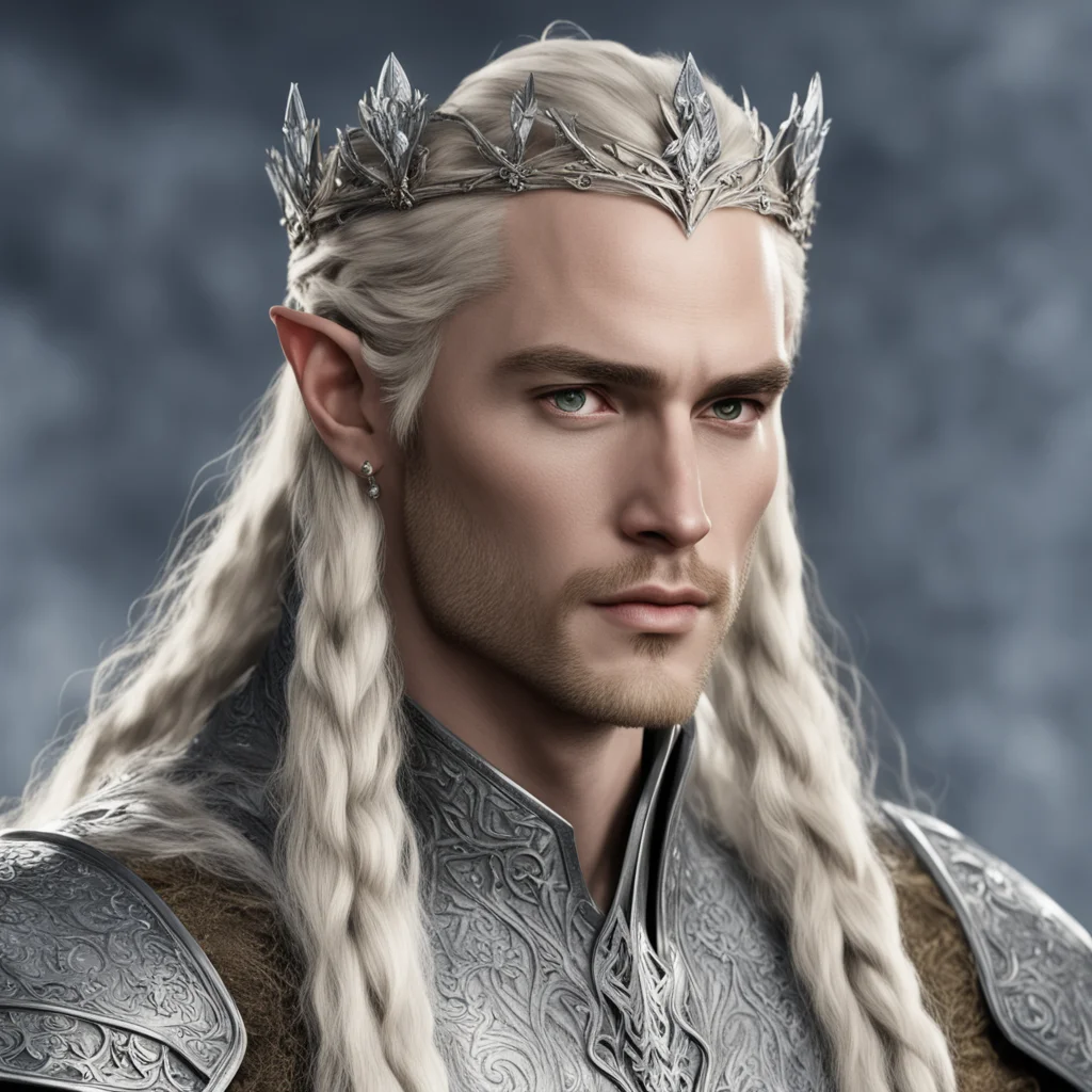 king thranduil with blond hair and braids wearing silver sindarin coronet with diamonds