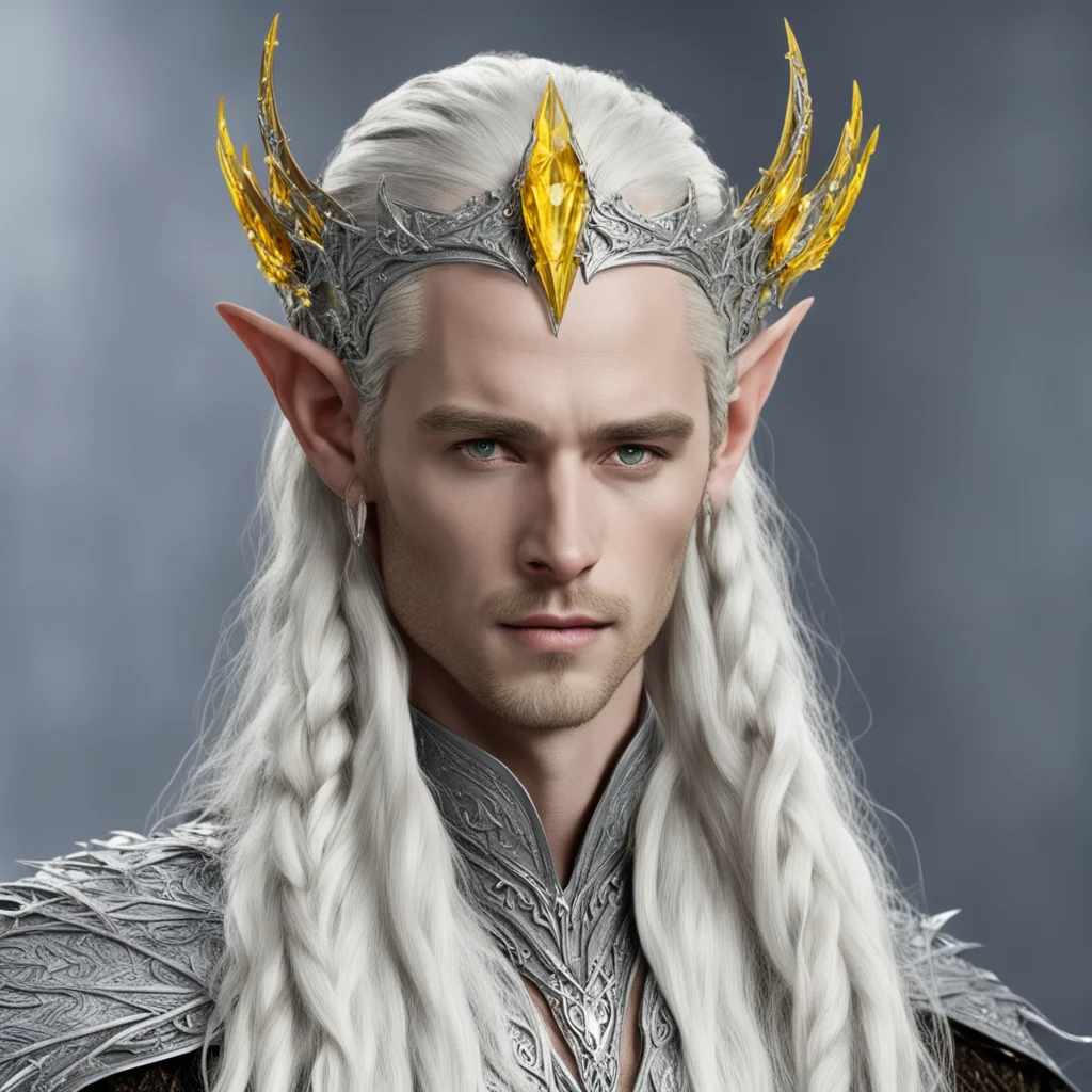 aiking thranduil with blond hair and braids wearing silver sindarin elvish circlet encrusted with diamonds with large center yellow diamond amazing awesome portrait 2