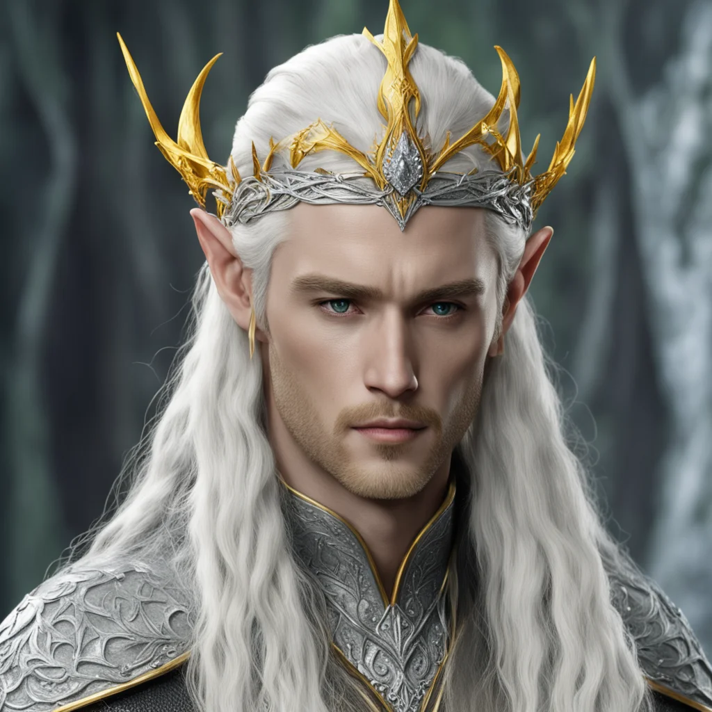 aiking thranduil with blond hair and braids wearing silver sindarin elvish circlet encrusted with diamonds with large center yellow diamond confident engaging wow artstation art 3
