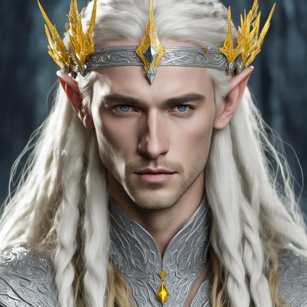 aiking thranduil with blond hair and braids wearing silver sindarin elvish circlet encrusted with diamonds with large center yellow diamond good looking trending fantastic 1