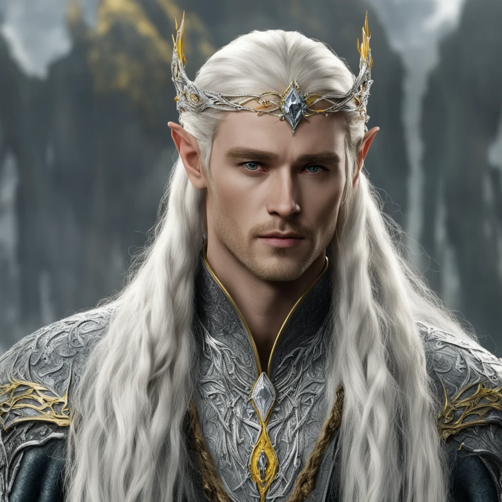 aiking thranduil with blond hair and braids wearing silver sindarin elvish circlet encrusted with diamonds with large center yellow diamond