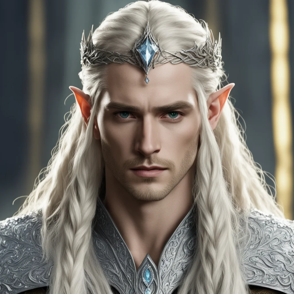 aiking thranduil with blond hair and braids wearing silver sindarin elvish circlet encrusted with diamonds with large yellowish diamond in the center amazing awesome portrait 2