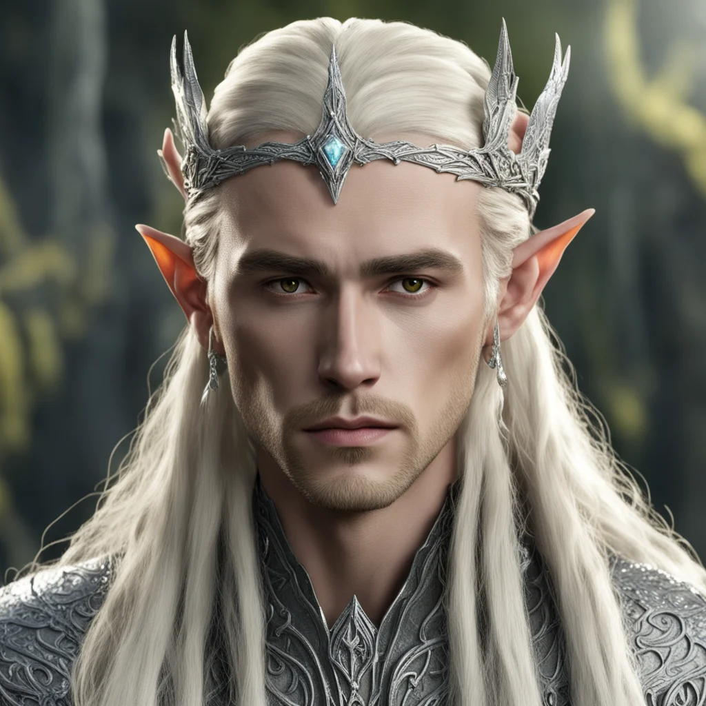 aiking thranduil with blond hair and braids wearing silver sindarin elvish circlet encrusted with diamonds with large yellowish diamond in the center confident engaging wow artstation art 3