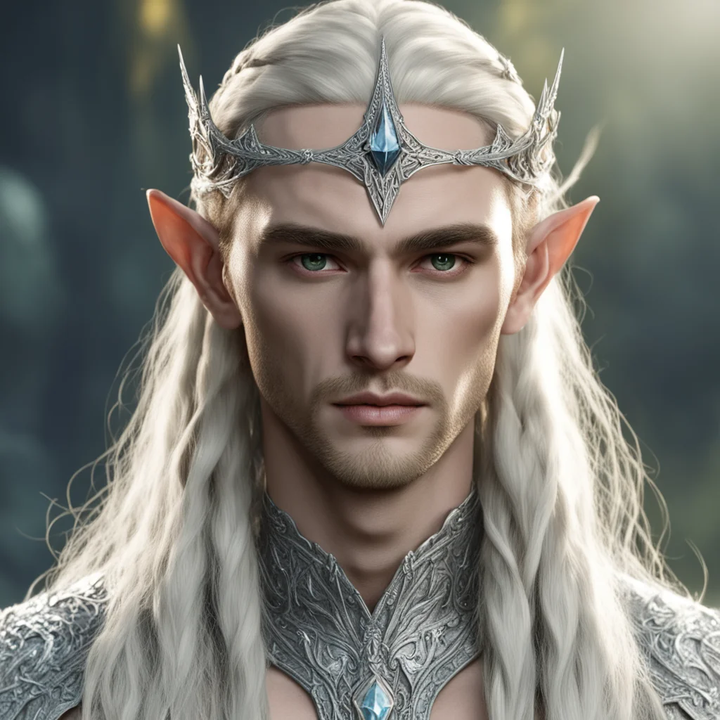 aiking thranduil with blond hair and braids wearing silver sindarin elvish circlet encrusted with diamonds with large yellowish diamond in the center good looking trending fantastic 1