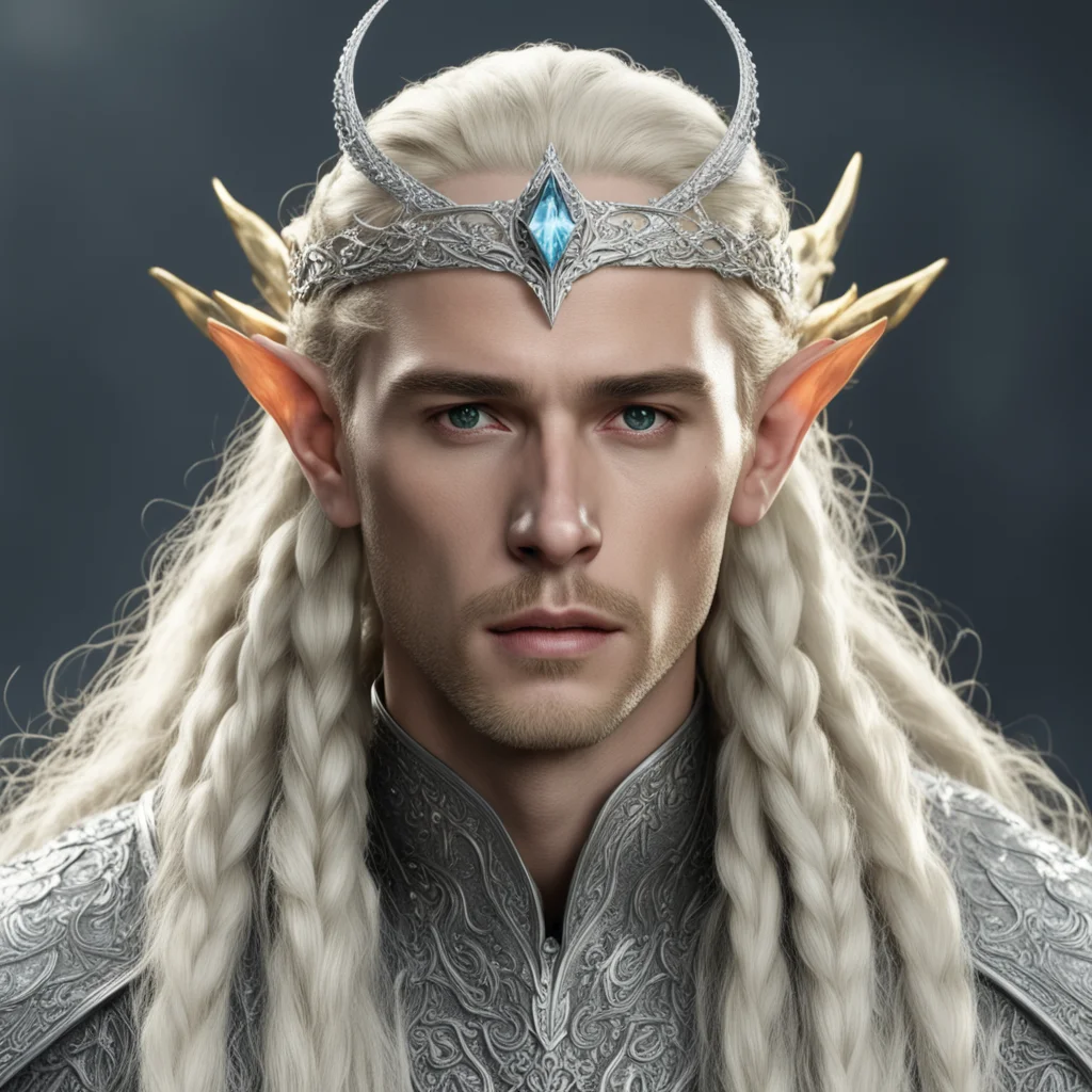 aiking thranduil with blond hair and braids wearing silver sindarin elvish circlet encrusted with diamonds with large yellowish diamond in the center