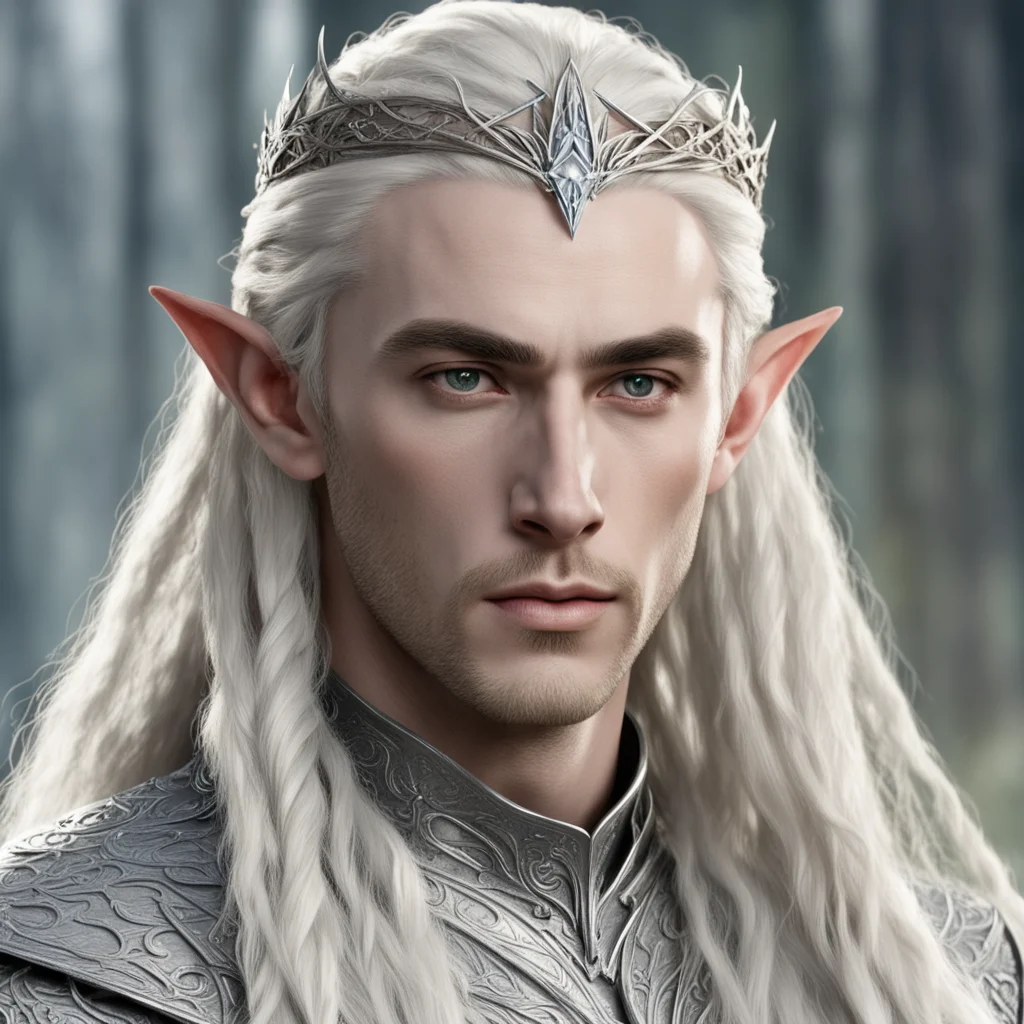king thranduil with blond hair and braids wearing silver sindarin elvish circlet with large center diamond 