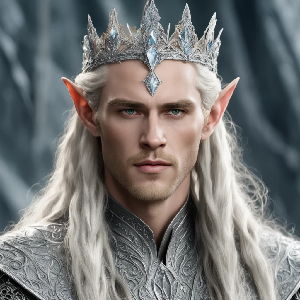 aiking thranduil with blond hair and braids wearing silver sindarin elvish crown encrusted with diamonds with large center diamond amazing awesome portrait 2