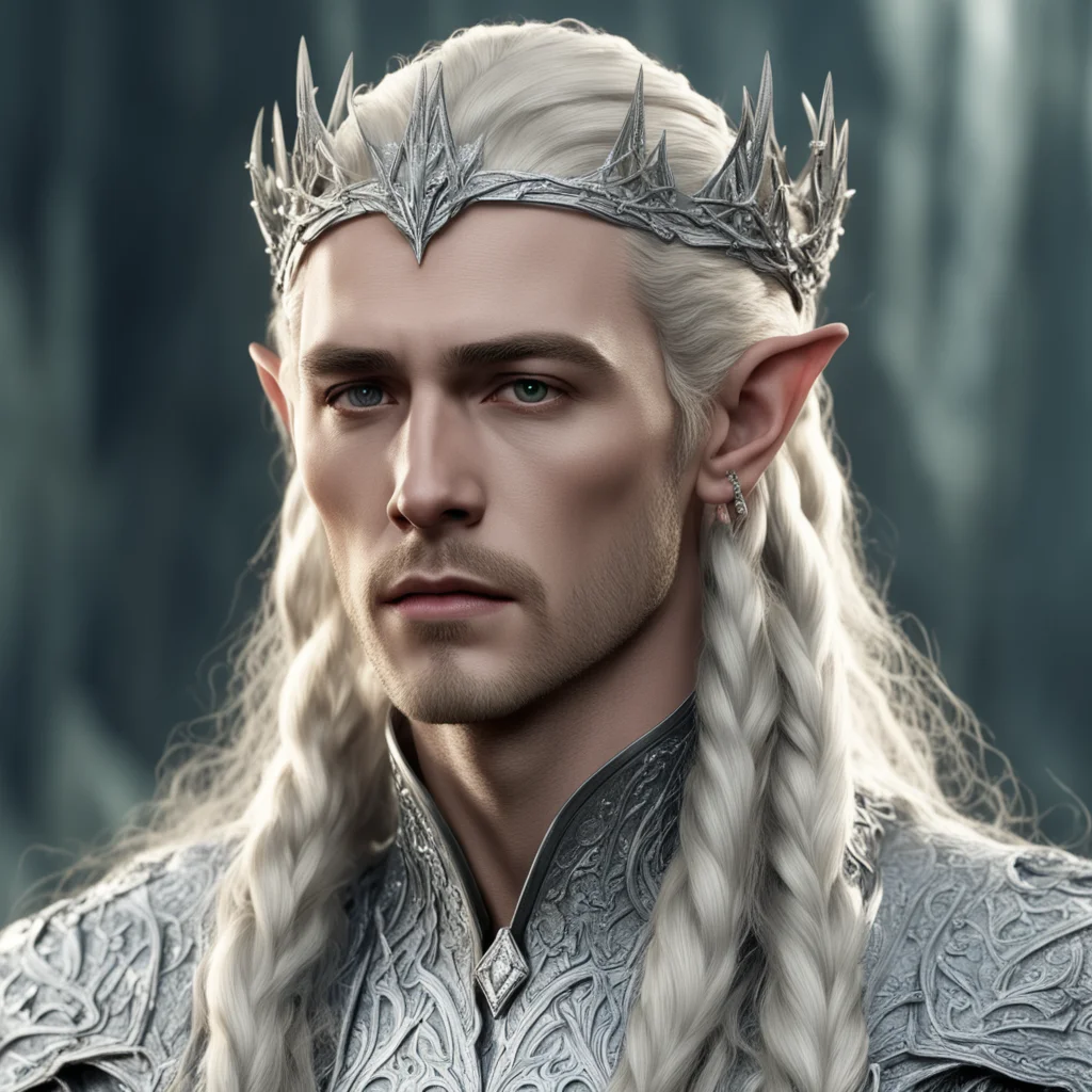 aiking thranduil with blond hair and braids wearing silver sindarin elvish crown encrusted with diamonds with large center diamond confident engaging wow artstation art 3