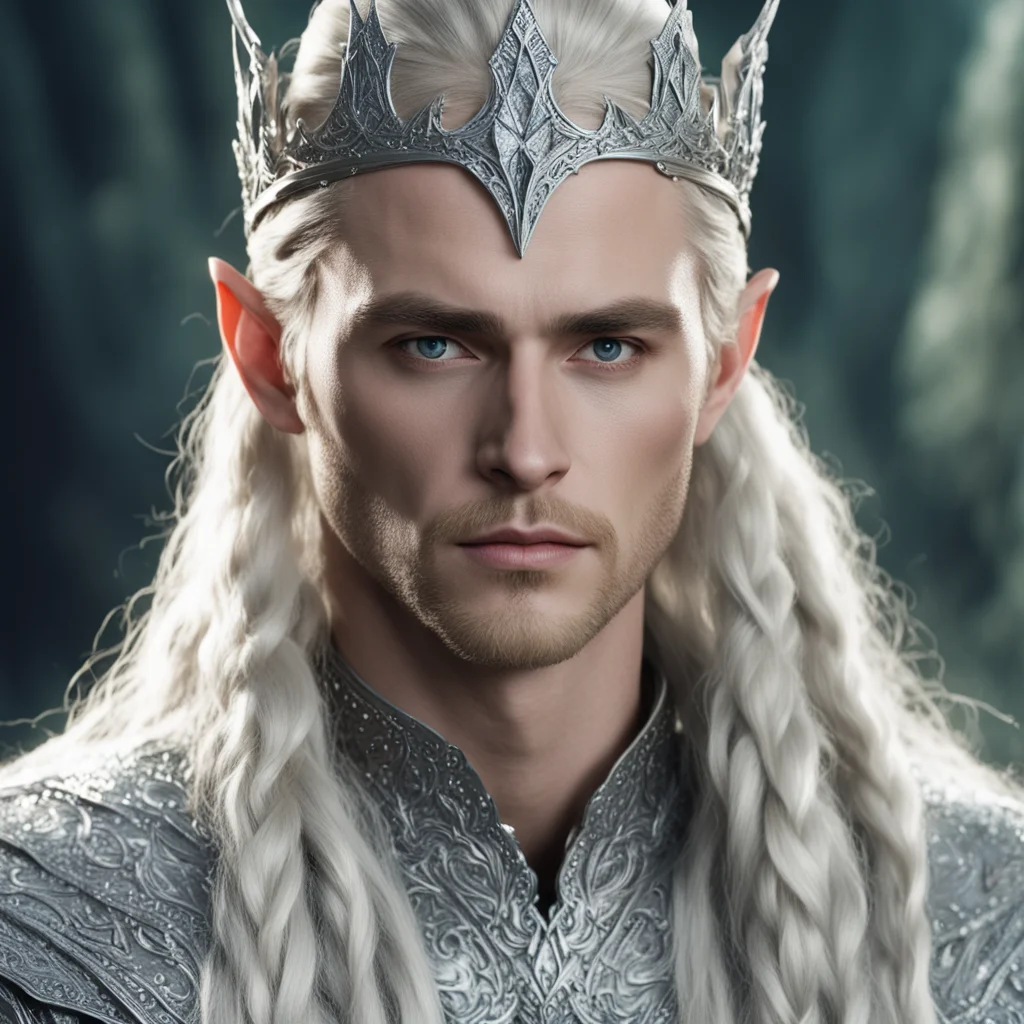 aiking thranduil with blond hair and braids wearing silver sindarin elvish crown encrusted with diamonds with large center diamond good looking trending fantastic 1