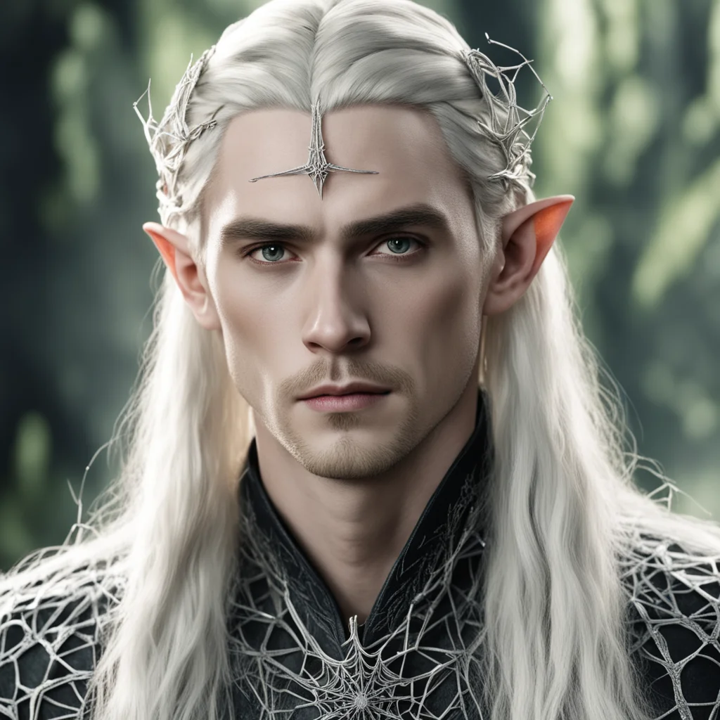 aiking thranduil with blond hair and braids wearing silver spider web elvish hair fork with diamonds  good looking trending fantastic 1