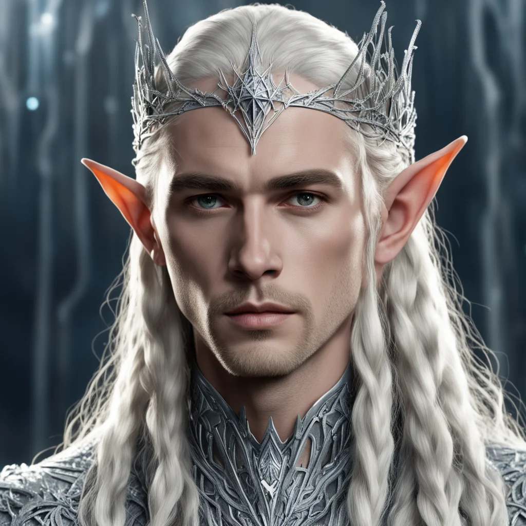 aiking thranduil with blond hair and braids wearing silver spiders encrusted with diamonds to form silver elvish circlet with large center diamond  amazing awesome portrait 2