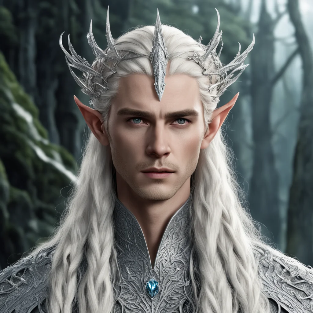 aiking thranduil with blond hair and braids wearing silver spiders encrusted with diamonds to form silver elvish circlet with large center diamond  good looking trending fantastic 1